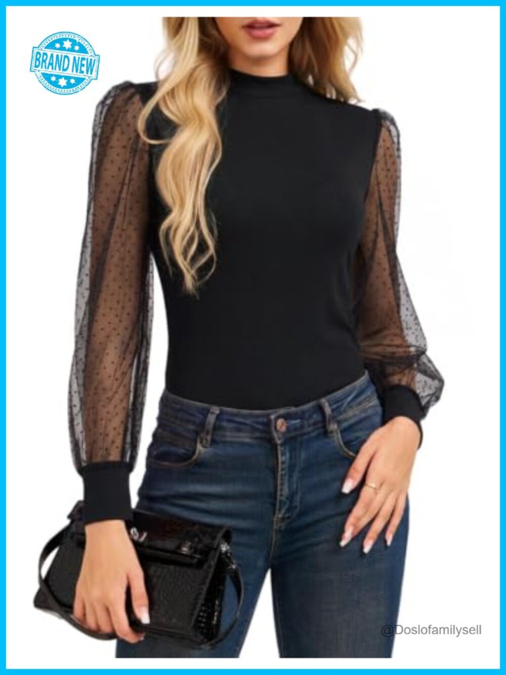 Mesh Long Sleeve Mock Neck Blouse Dressy Casual Lantern Sleeve Top